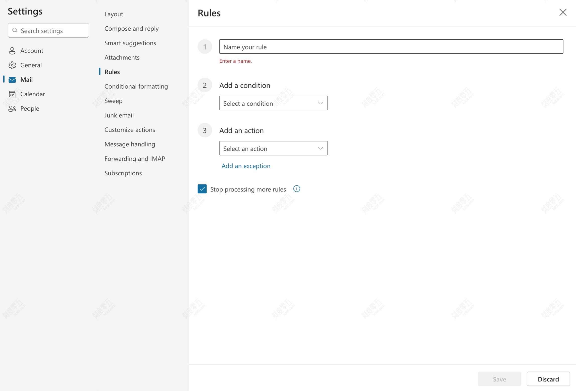 Outlook rule settings