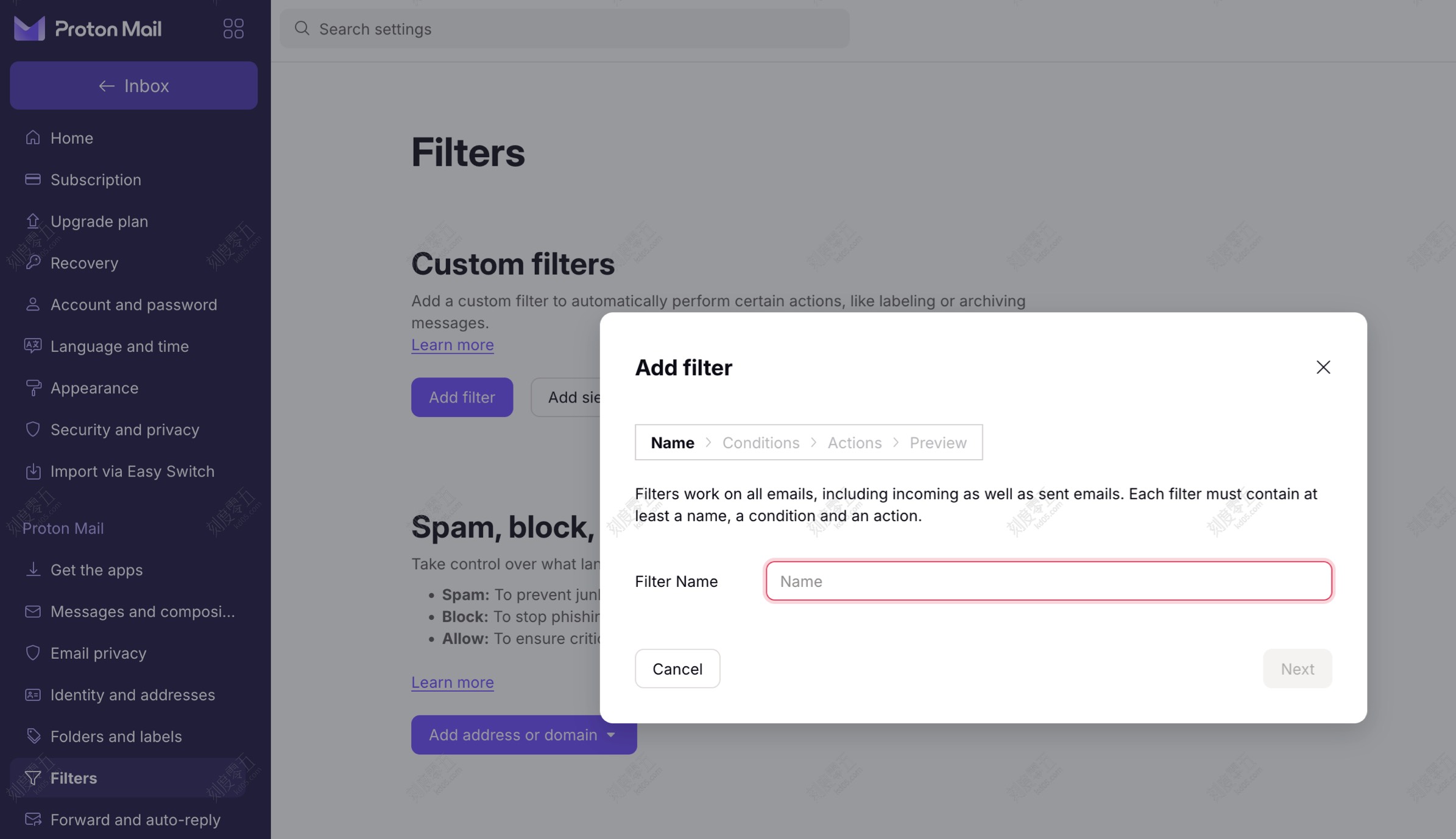 ProtonMail filter settings